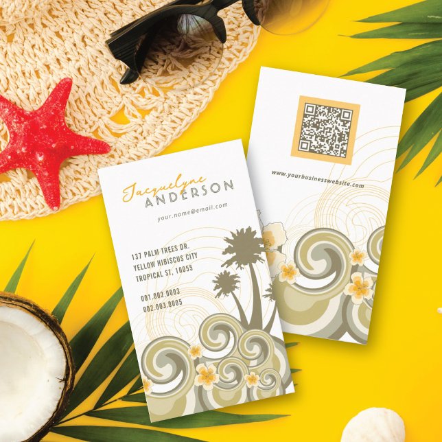 Carte De Visite Vagues tropicales Hibiscus Plage Palmiers d'été (Tropical Waves Beach, Yellow Hibiscus, Summer Breeze AndPalm Trees Business Card @ fat_fa_tin)