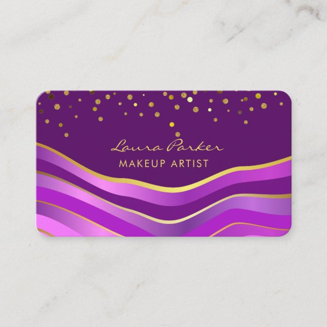 Carte De Visite Vagues Violet Or Minimal Rayures Maquilleur (Devant)