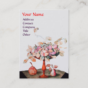 CARTE DE VISITE VASE DE FRUITS DE SAISON, FLEURS, PAIRES FEUILLES 