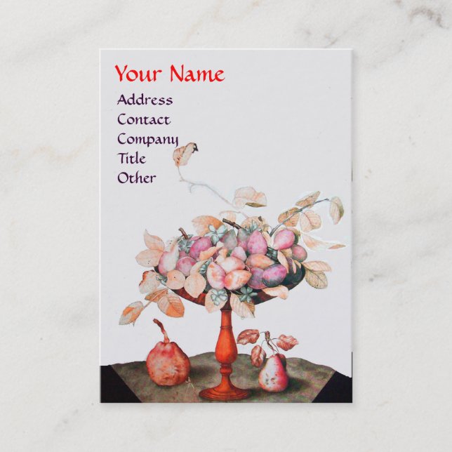 CARTE DE VISITE VASE DE FRUITS DE SAISON, FLEURS, PAIRES FEUILLES  (Devant)