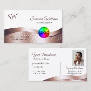 Carte De Visite Vave Rose or décor blanc logo Monogramme et photo