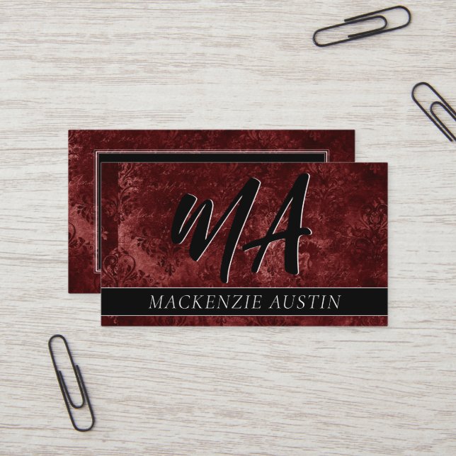 Carte De Visite Velvety Damask | Baroque Crimson Red Grunge (Devant/Arrière en situation)