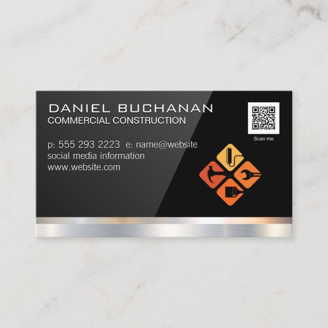 Carte De Visite Verni noir | Outils de constructeur | Entrepreneur (Devant)