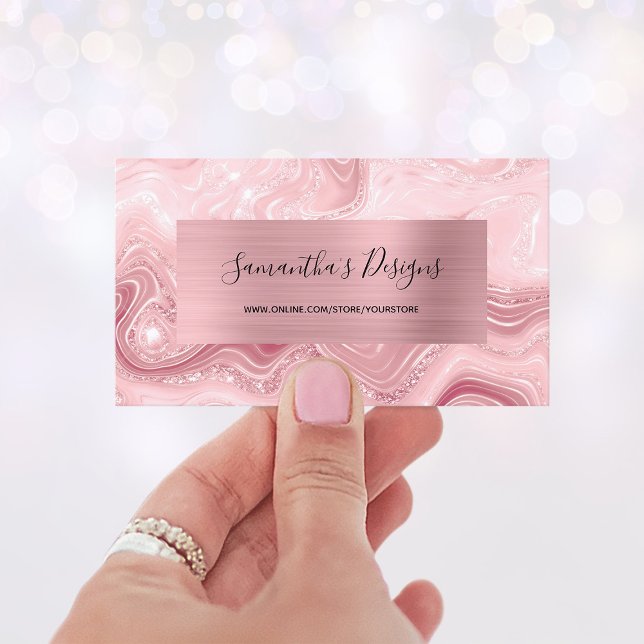 Carte De Visite Verre d'Agate de marbre rose luxueux (Luxury Blush Pink Marble Agate Glam Business Card)