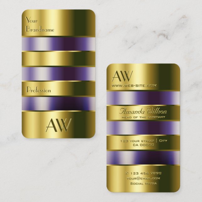 Carte De Visite Verre d'or Liquides violets Faux Engraving Lettres (Devant / Derrière)