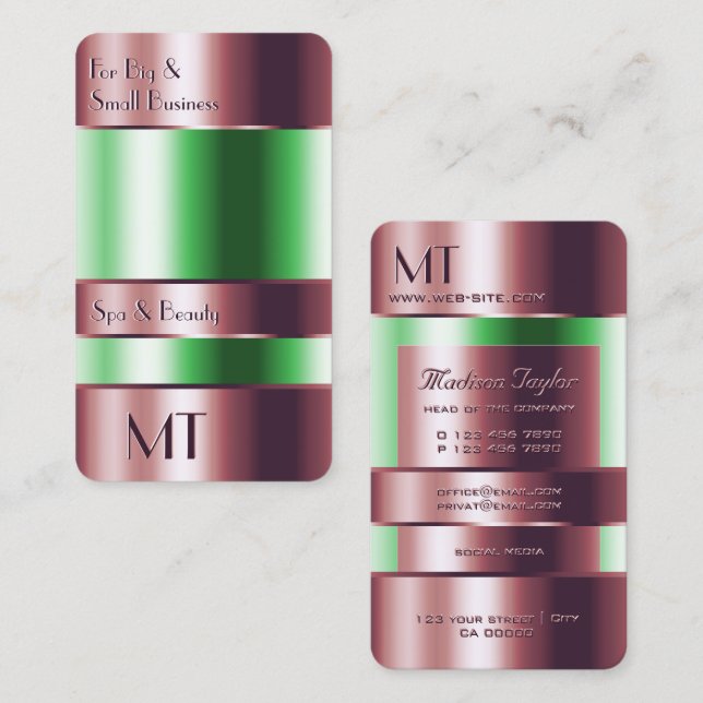 Carte De Visite Verre or rose Can Green Liquides avec Initiales (Devant / Derrière)