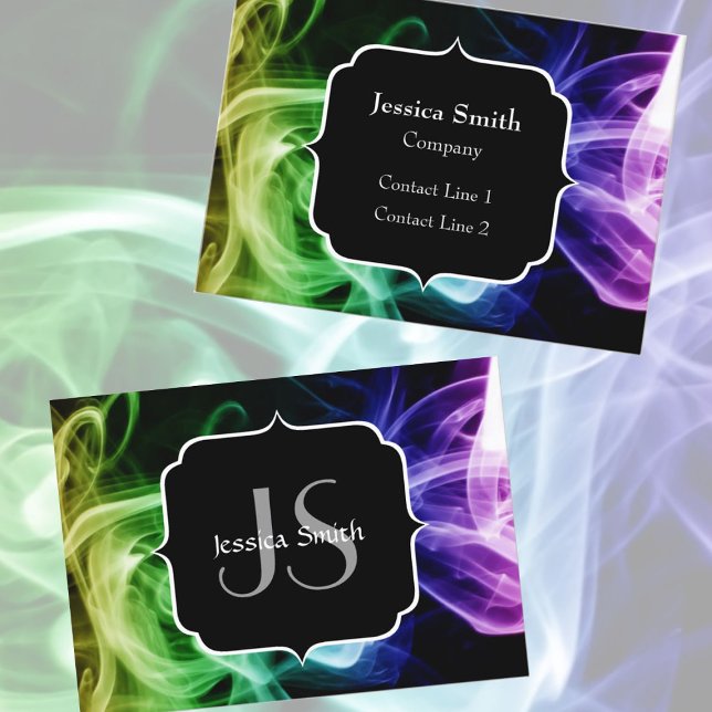 Carte De Visite Vert Bleu Violet Abstrait Fumée Monogramme (Vibrant Green Blue Purple Abstract Smoke Monogram Business Card)