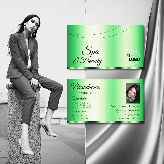 Carte De Visite Vert brillant avec logo et photo (Créateur téléchargé)