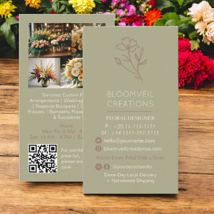 Carte De Visite Vert brun minimaliste fleuriste photos code qr