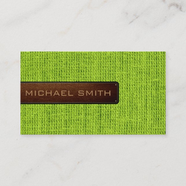 Carte De Visite Vert Burlap Linge Rustique Jute Look Cuir (Devant)