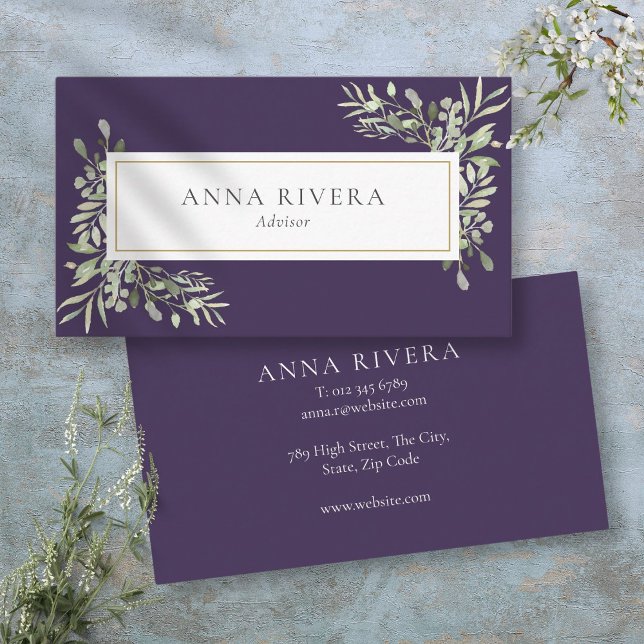 Carte De Visite Vert de gris géométrique or professionnel (Purple Greenery Gold Geometric Professional Business Card)