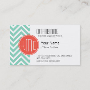Carte De Visite Vert élégant Chevron d'Aqua et monogramme orange