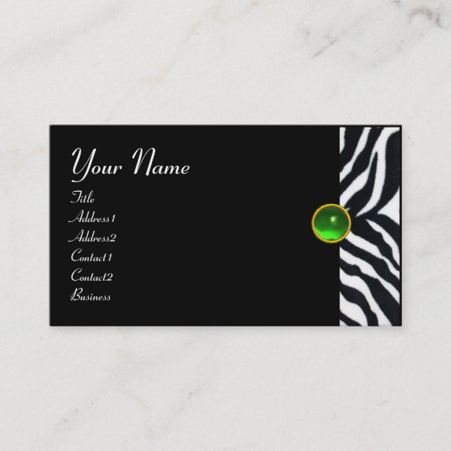 CARTE DE VISITE VERT ÉMERAUDE NOIR BLANC FOURRURE ZÈBRE MONOGRAMME (Devant)