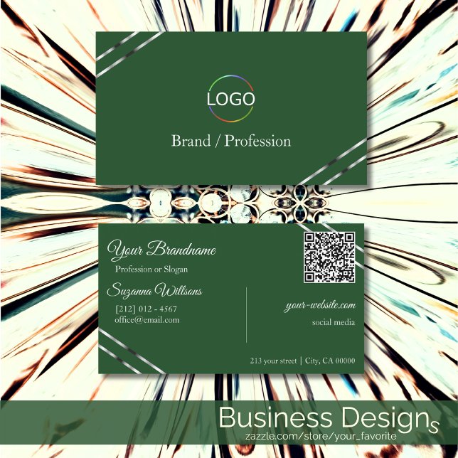 Carte De Visite Vert forêt avec logo et code QR à lignes argentées (Créateur téléchargé)