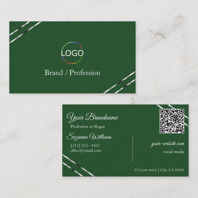 Carte De Visite Vert forêt avec logo et code QR à lignes argentées (Devant / Derrière)