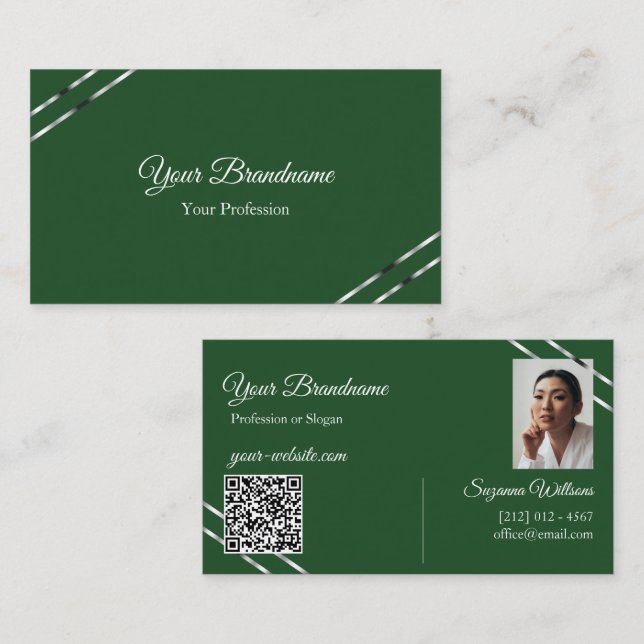 Carte De Visite Vert forêt avec photo et code QR de lignes argenté (Devant / Derrière)