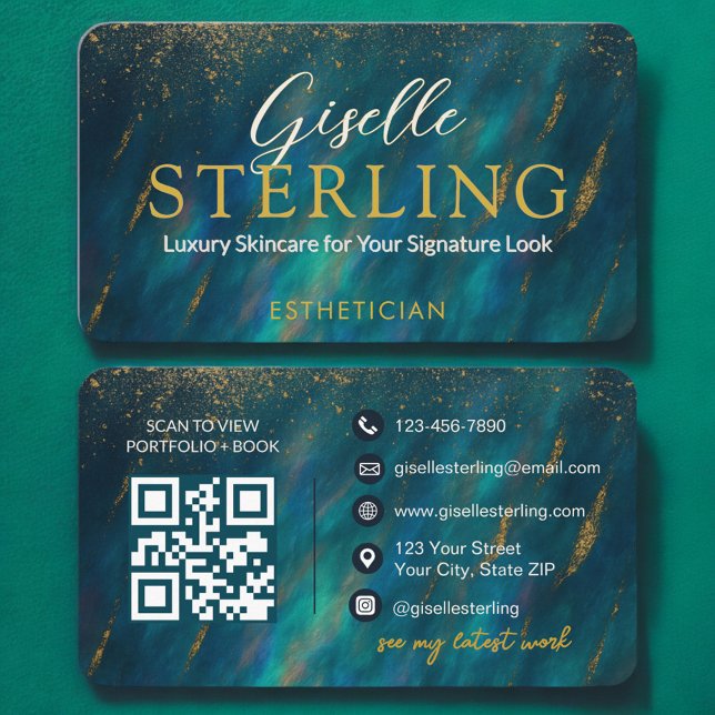 Carte De Visite Vert glamour Opal moderne Esthétique QR Code (Créateur téléchargé)