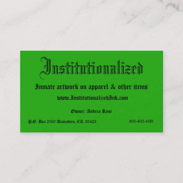 Carte De Visite vert, institutionalisé, illustration de détenu sur (Devant)