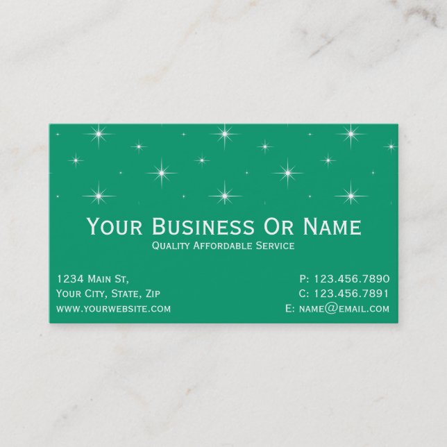 Carte De Visite Vert Jade & Étoiles Brillantes. Nom / Entreprise (Devant)