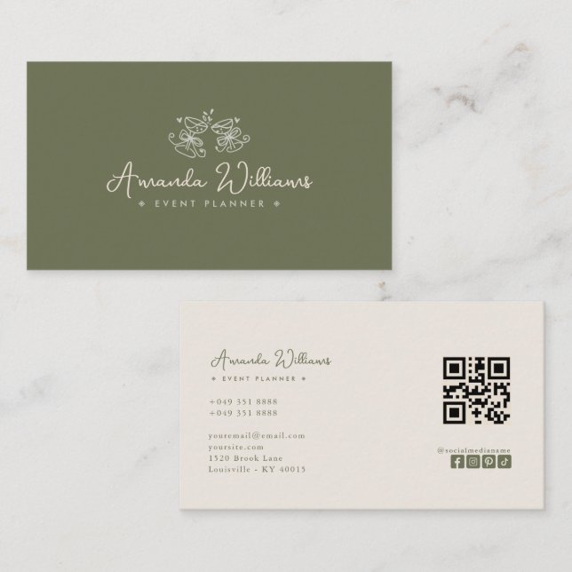 Carte de visite vert olive avec code QR pour les m (Devant / Derrière)