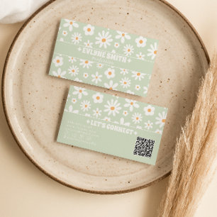 Carte De Visite Vert Rétro Code QR Blanc Floral Groovy Unique Amus