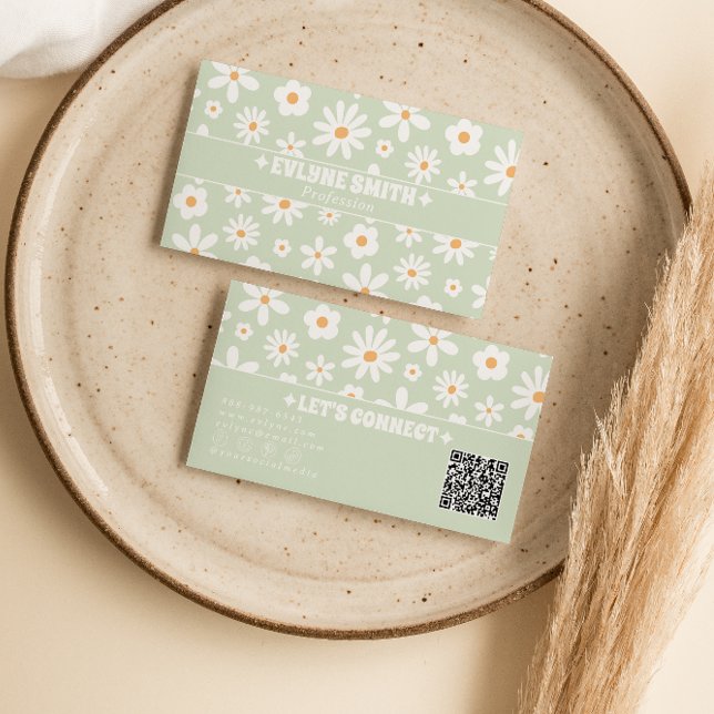 Carte De Visite Vert Rétro Code QR Blanc Floral Groovy Unique Amus (Créateur téléchargé)