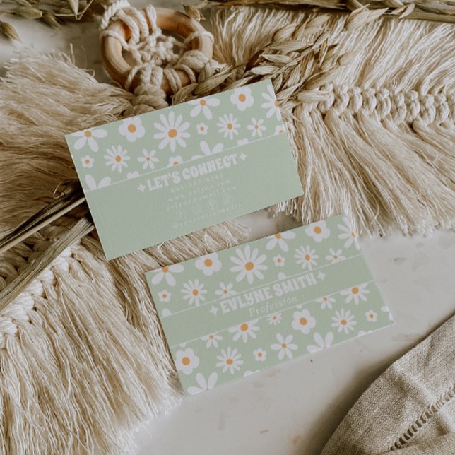 Carte De Visite Vert Rétro Floral Bohème Unique Branché (Créateur téléchargé)