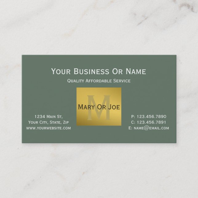 Carte De Visite Vert sage Blanc Luxe Monogramme Or (Devant)
