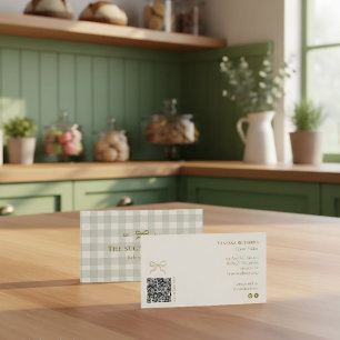 Carte De Visite Vert sauge Crème Gingham QR Boulangerie Marketing