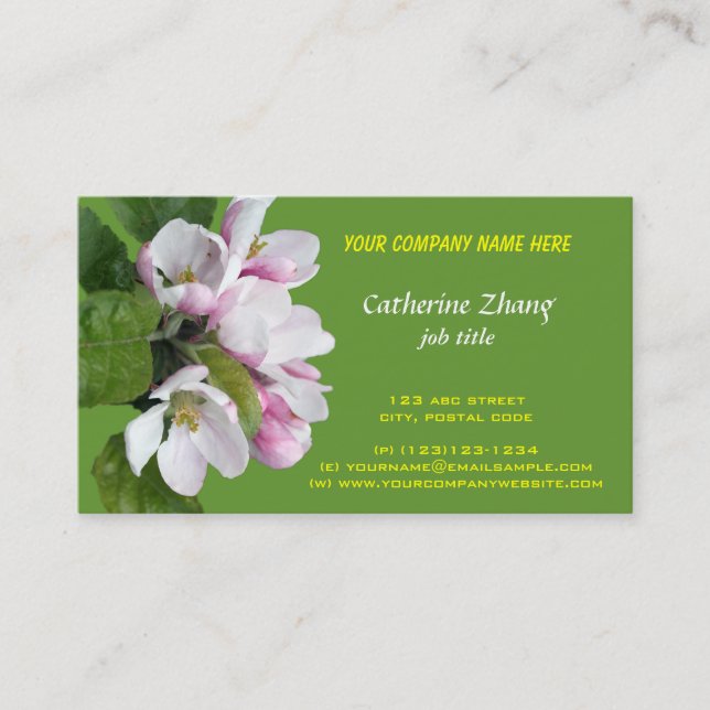 Carte de visite verte à fleurs de pommier (Devant)