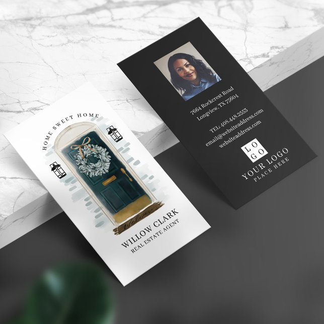 Carte De Visite Verte Aquarelle Porte Avant Wreath Photo & Logo (Créateur téléchargé)