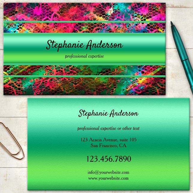 Carte de visite verte colorée néon brillant (A colorful business card featuring an eye catching neon abstract design with green stripes)