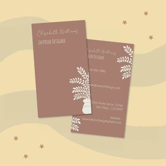 Carte de visite vertical Mocha, concepteur d'intér (Interior designer botanical mocha brown vertical business card)