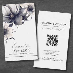Carte De Visite Vertical Noir Blanc Floral Élégant Professionnel