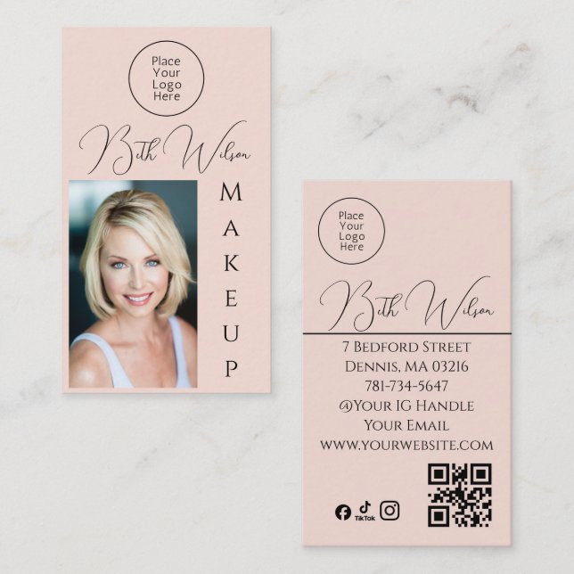 Carte de visite verticale Makeup Rose, Code QR (Devant / Derrière)