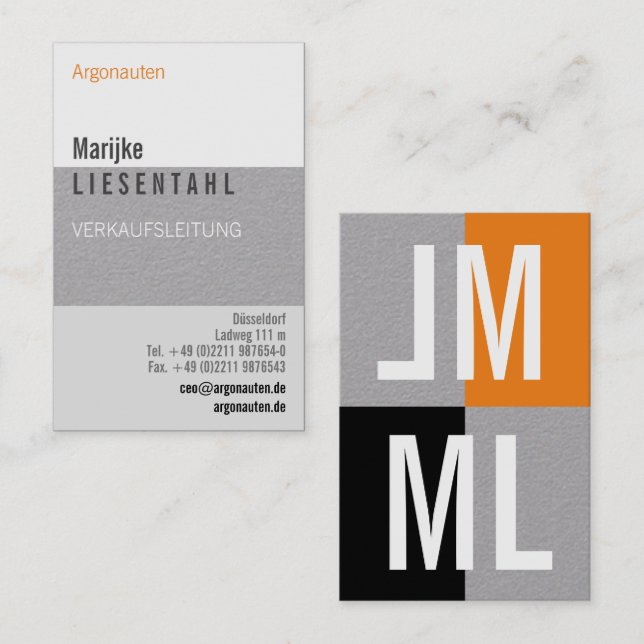 Carte de visite verticale monogramme blanc orange (Devant / Derrière)