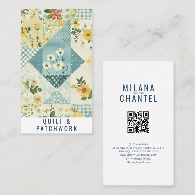 Carte De Visite Vêtement fait main en patchwork bleu jaune  (Devant / Derrière)