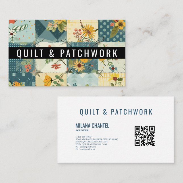 Carte De Visite Vêtement fait main en patchwork bleu jaune  (Devant / Derrière)