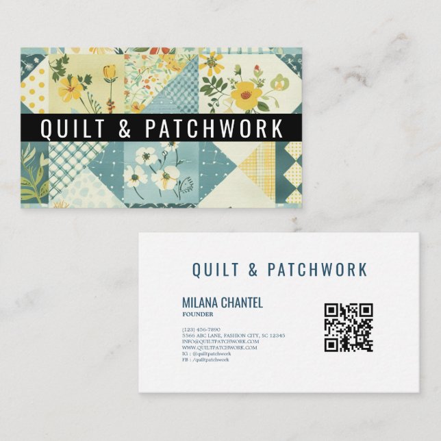 Carte De Visite Vêtement fait main en patchwork bleu jaune  (Devant / Derrière)