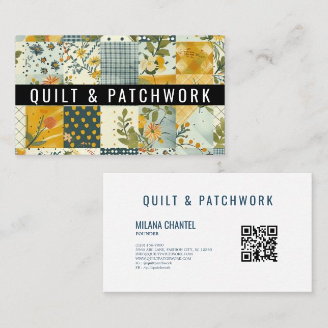 Carte De Visite Vêtement fait main en patchwork bleu jaune  (Devant / Derrière)