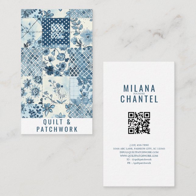 Carte De Visite Vêtement fait main en patchwork de quilt bleu (Devant / Derrière)