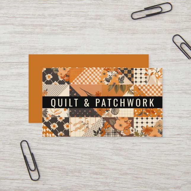 Carte De Visite Vêtement fait main en patchwork de quilt orange  (Devant/Arrière en situation)