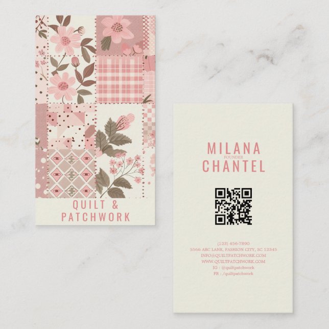 Carte De Visite Vêtement fait main en patchwork de quilt rose  (Devant / Derrière)