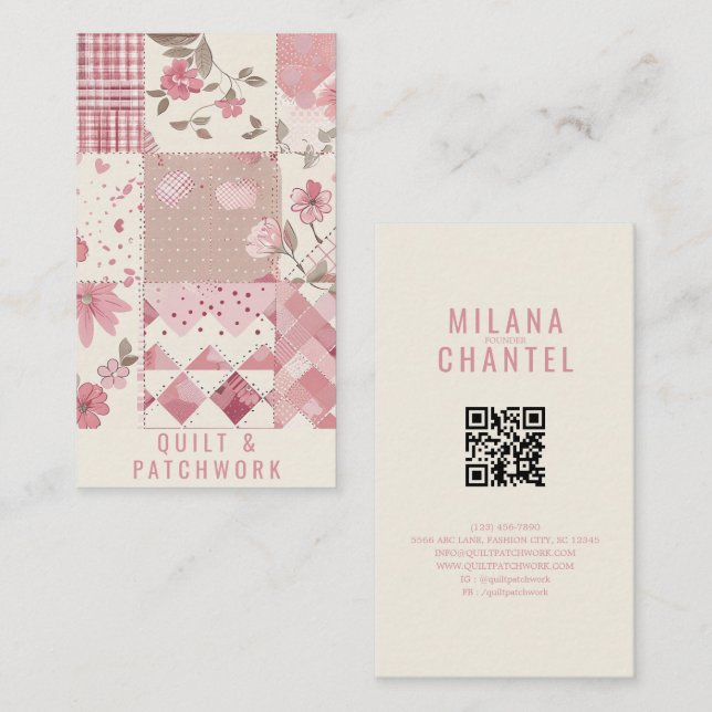 Carte De Visite Vêtement fait main en patchwork de quilt rose  (Devant / Derrière)