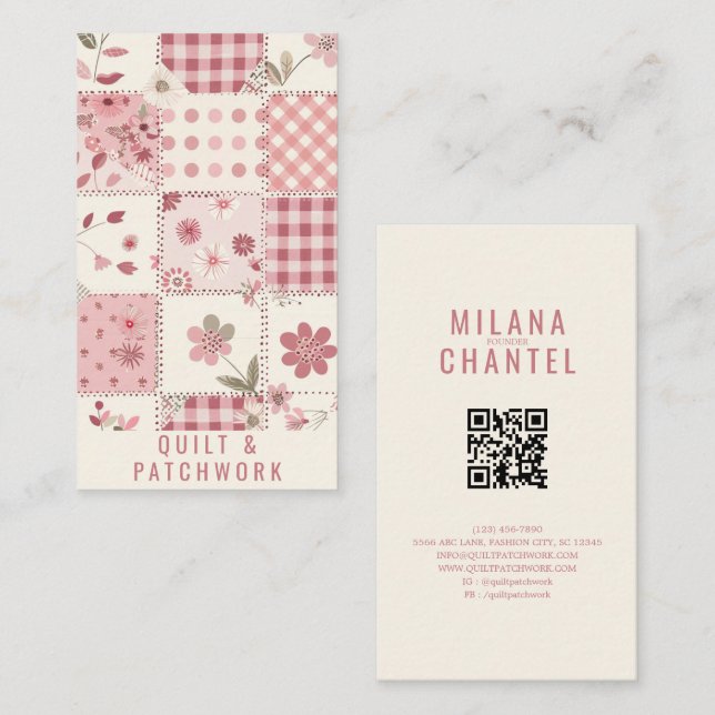 Carte De Visite Vêtement fait main en patchwork de quilt rose  (Devant / Derrière)