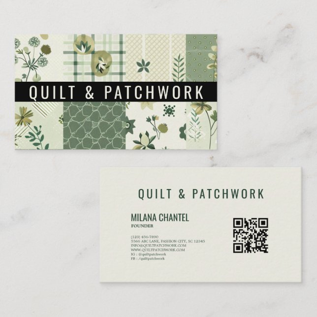 Carte De Visite Vêtement fait main en patchwork de quilt vert (Devant / Derrière)