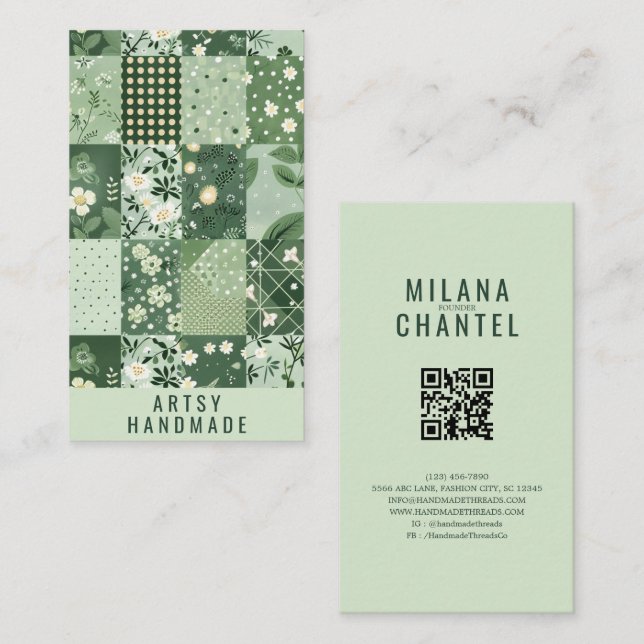 Carte De Visite Vêtement fait main en patchwork de quilt vert (Devant / Derrière)
