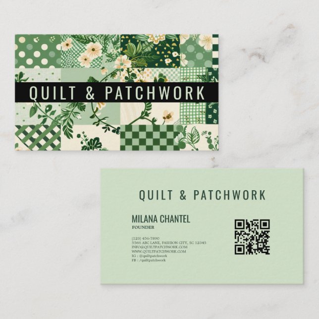 Carte De Visite Vêtement fait main en patchwork de quilt vert (Devant / Derrière)