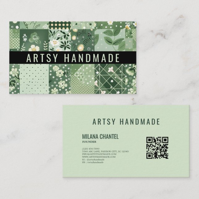 Carte De Visite Vêtement fait main en patchwork de quilt vert (Devant / Derrière)