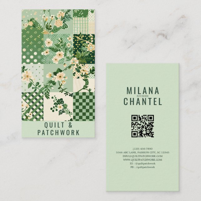 Carte De Visite Vêtement fait main en patchwork de quilt vert (Devant / Derrière)